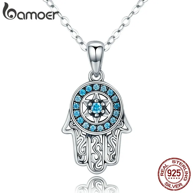 BAMOER Genuine 925 Sterling Silver Trendy Fatima's Guarding Hand Pendant Necklaces for Women Fine Silver Jewelry Gift SCN264