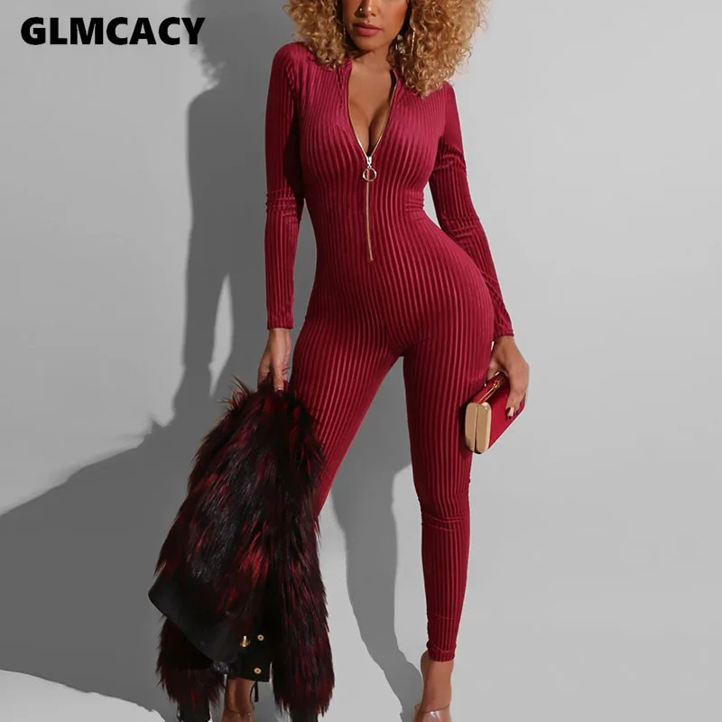 Женский облегающий трикотажный комбинезон с длинным рукавом сексуальный