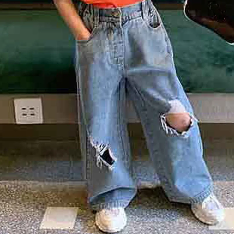 Girls Pants Personality Ripped Wide Leg Jeans Trousers 2021 Spring And Summer New Fashion Kids Clothes Children'S Clothing