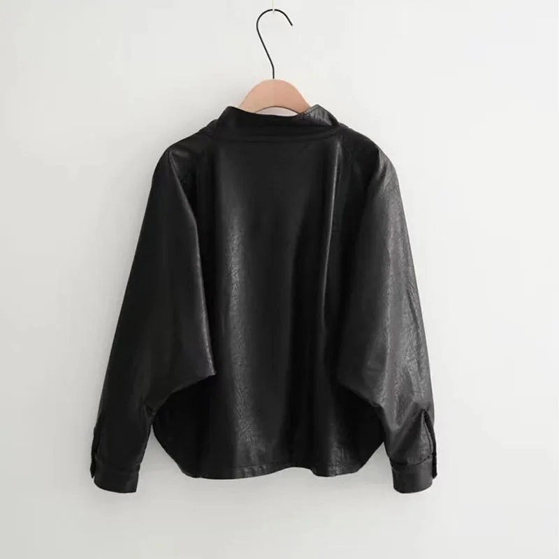 ZWTY Autumn New Asymmetrical Batwing sleeves Loose Women Faux PU Soft leather jacket Oversized Short Black biker coat streetwear