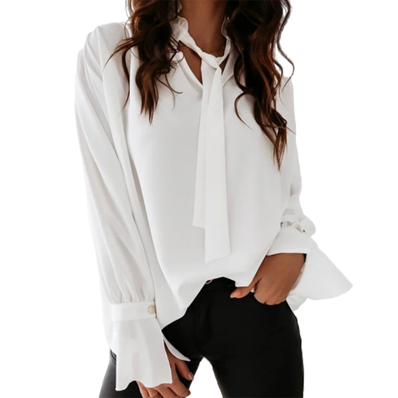 

White Casual Loose Bandage Women Spring Long Sleeve Blouse Shirt Office Ladies Elegant Korean Tops 2020 SJ5868M