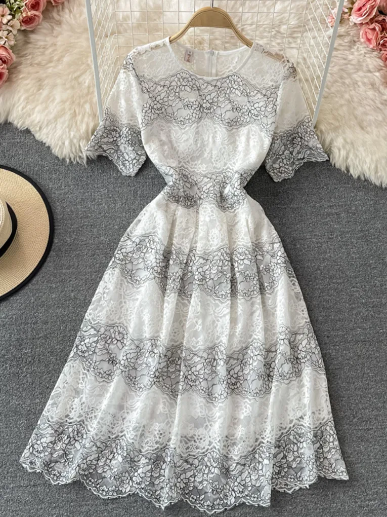 

New Round Neck Sexy Lace Women Dress In Summer 2021 With Short Sleeves Patchwork Long Holiday Dresses