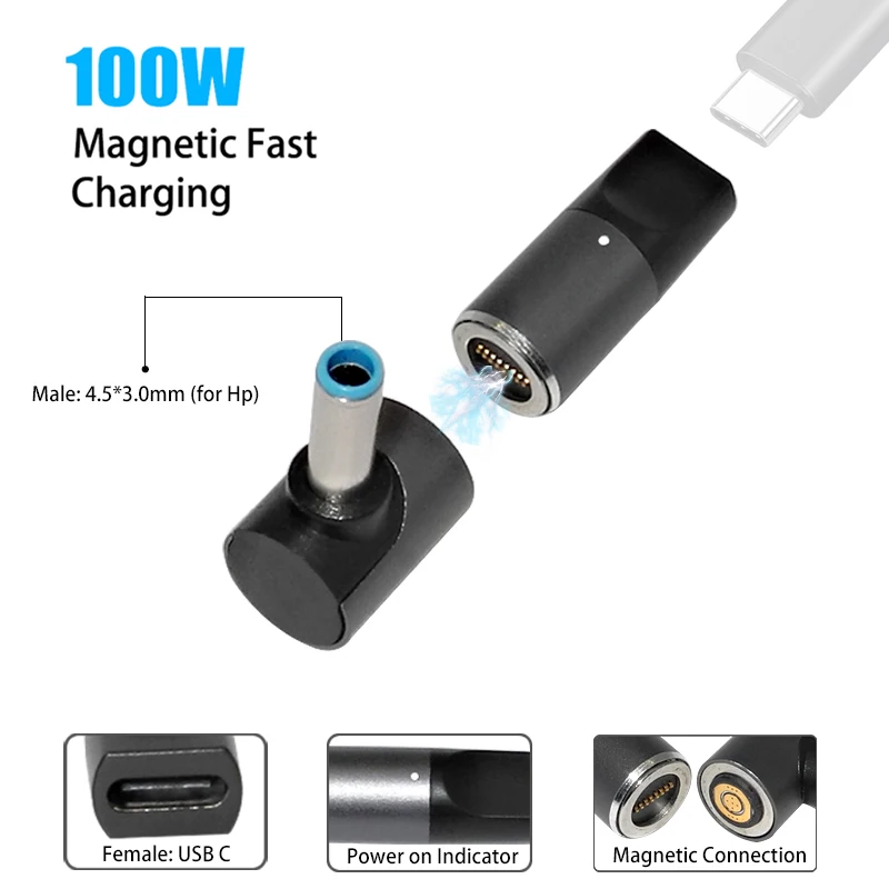 

Magnetic Connector 100W Usb Type C Plug to 4.5x3.0mm Laptop Jack Converter for Hp Pavilion Envy Elitebook