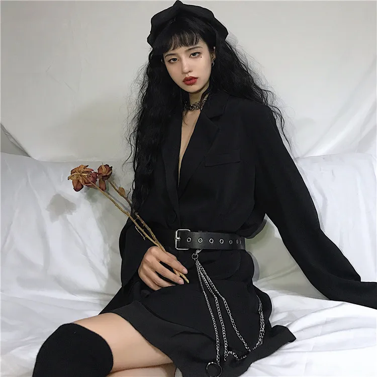 Harajuku Gothic Women Casual Jacket Autumn Long Sleeve Single-Breasted Black Coat With Chain Belt Punk Rock Topcoat Femme | Женская