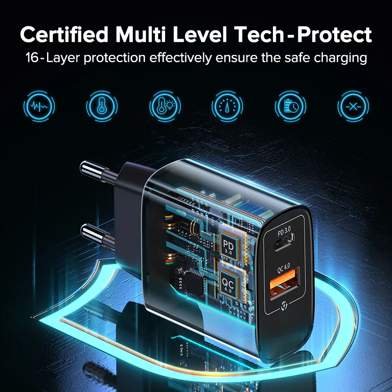 Фото Зарядное устройство QOOVI двойной USB Type C PD 20 Вт 5 А настенный адаптер для быстрой Зарядное устройство QOOVI двойной USB Type C PD 20 Вт 5 А настенный адаптер для быстрой