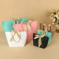 10pcs paper bags party wedding gift wrapping with handle shopping storage packaging cosmetic makeup jewelry tote sack ribbon bow