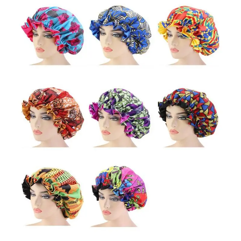 

Women Extra Large African Ankara Bonnet Double Layered Satin Night Cap Big Wave Edge Reversible Sleep Turban Chemo Hat