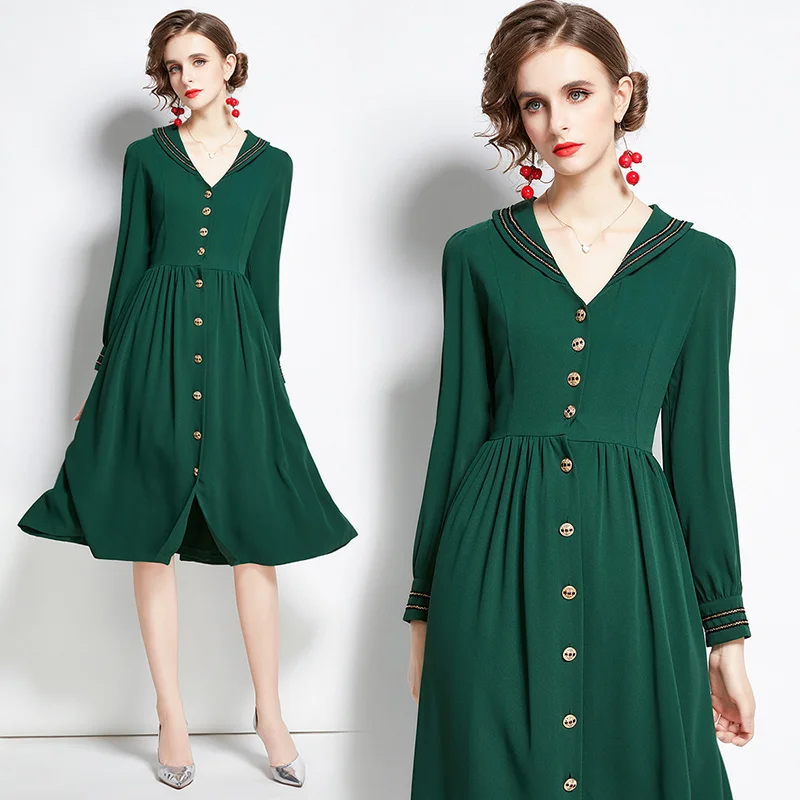 

Women Autumn Designer Elegant Dark Green Dress Sexy V Neck Office Lady Cocktail Party Robe Ladies Vintage A-Line Dress Vestidos