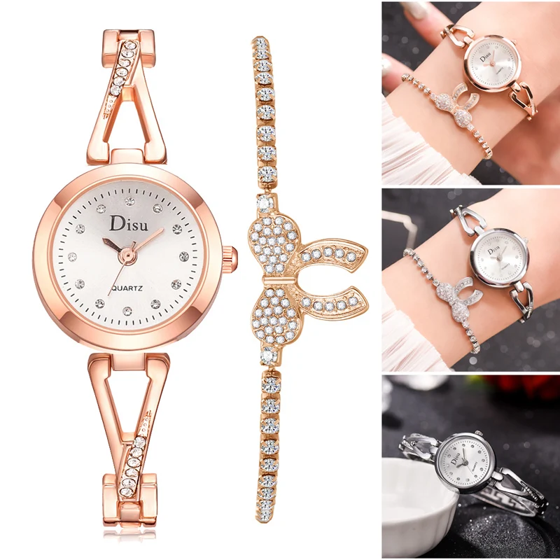 

2020 Simple Luxury Round Dial Women Watches Rhinestone Bracelet Set Alloy Band Quartz Wristwatch Ladies Female Watch DISU TC21