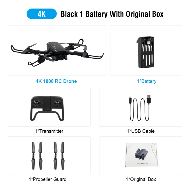 Black 4K 1Battery 1808 wifi FPV с 4K широкоугольной камерой оптический поток режим удержания высоты складной Радиоуправляемый Дрон Квадрокоптер RTF - Цвет: Black 4K 1Battery