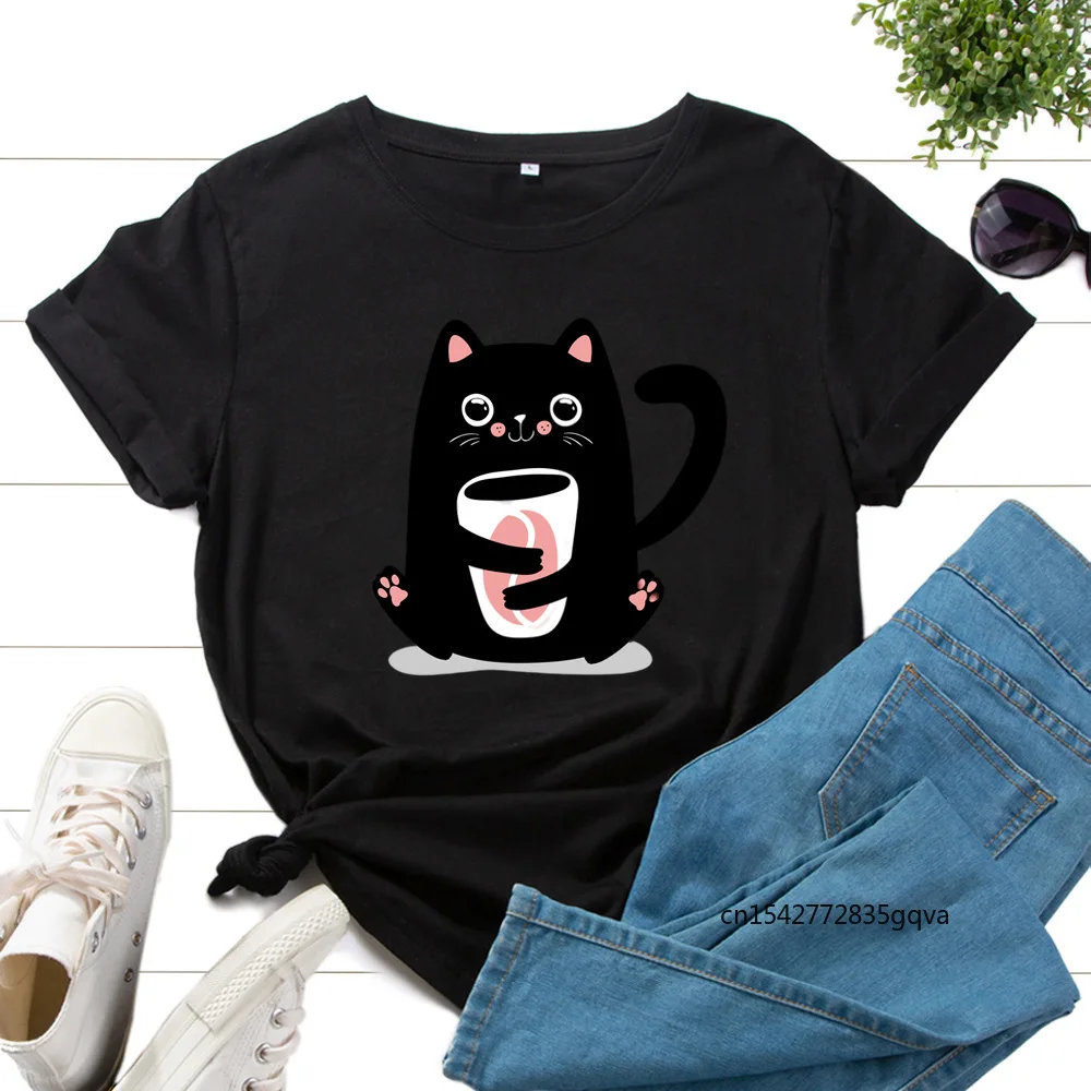 

Cute Cat Holding Cup Cats Women Short Sleeve Crewneck T-Shirt Graphic Tee Tops Summer Clothes for Woman Female Tees Shirt