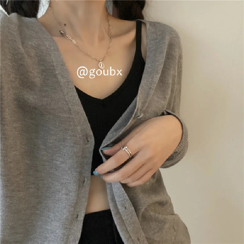 

Long Sleeve Solid Color Single-breasted V-neck Sweater Women's 2021 Autumn Korean Style Outerwear Atmosphere Lazy Top Rac