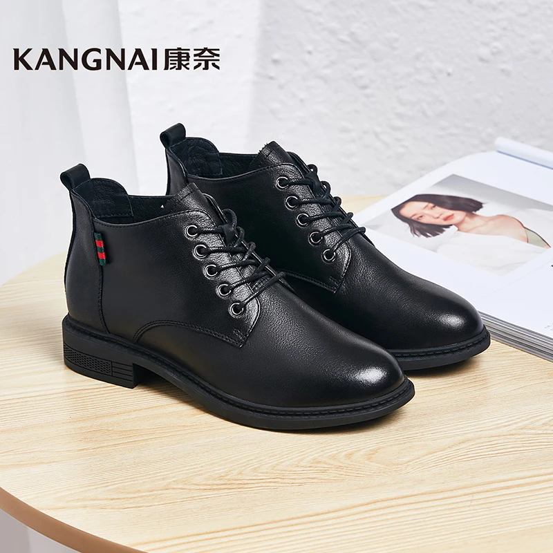 

KANGNAI Women's Ankle Boots Genuine Leather Female Platform Solid Color Shoes Lace-Up Anti-Skidding Shoes