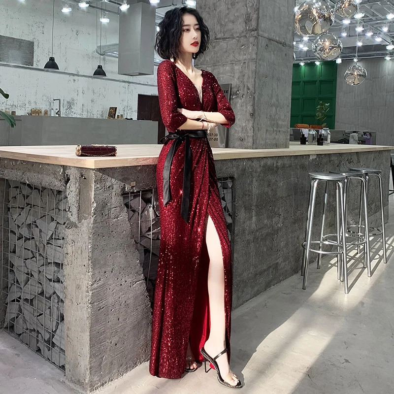 

Женское вечернее платье в пол, Бордовое платье с открытой спиной, V-образным вырезом и рукавом до локтя, с блестками, модель C398, размера плюс