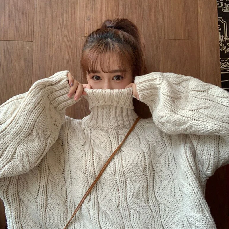 

Autumn Winter Warm Turtleneck Sweater Women Thick Long Sleeve Loose Short Sweaters Oversized Female Jumper Pullovers