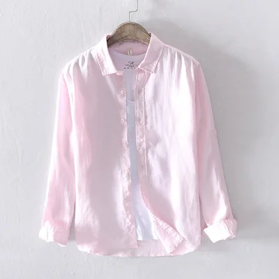 pink Мужская весенне-осенняя Модная брендовая винтажная Однотонная рубашка с длинными рукавами в японском стиле из льна мужские повседневные приталенные рубашки - Цвет: pink