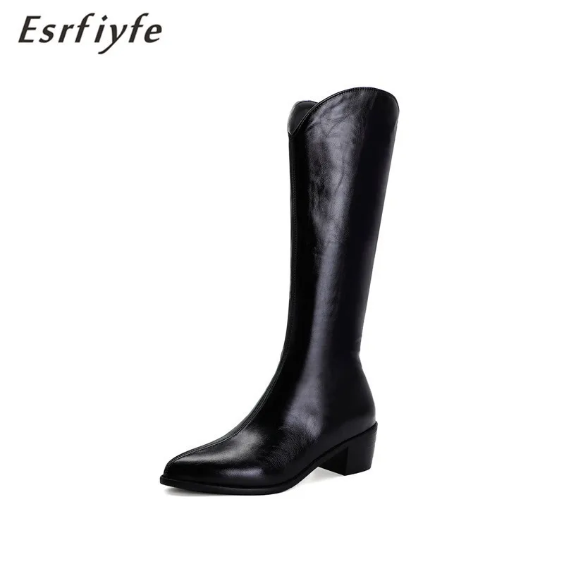 

ESRFIYFE 2020 Новый Большой размер 34-48, женские сапоги до колена на толстом каблуке Женские ботинки с острым носком с боковой молнии из мягкой кожи...
