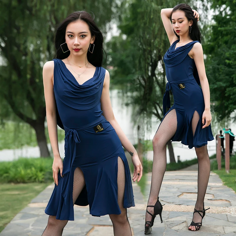 Новинка платье для латинских танцев с открытой спиной двойным разрезом женское