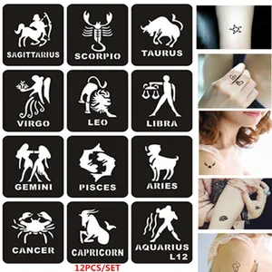Трафареты для краски 12 шт.компл. хна, двенадцать созвездий, трафарет для аэрографа, для рук, рук, ног, блестящие татуировки, похор, живопись