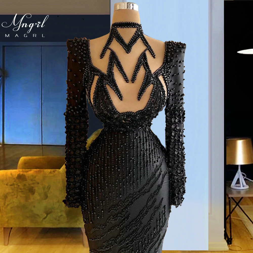 

MNGRL Luxury Evening Dress One-shoulder Long Sleeves Hand-applied Diamonds Glittering 2021 New Evening Dress Party Dress