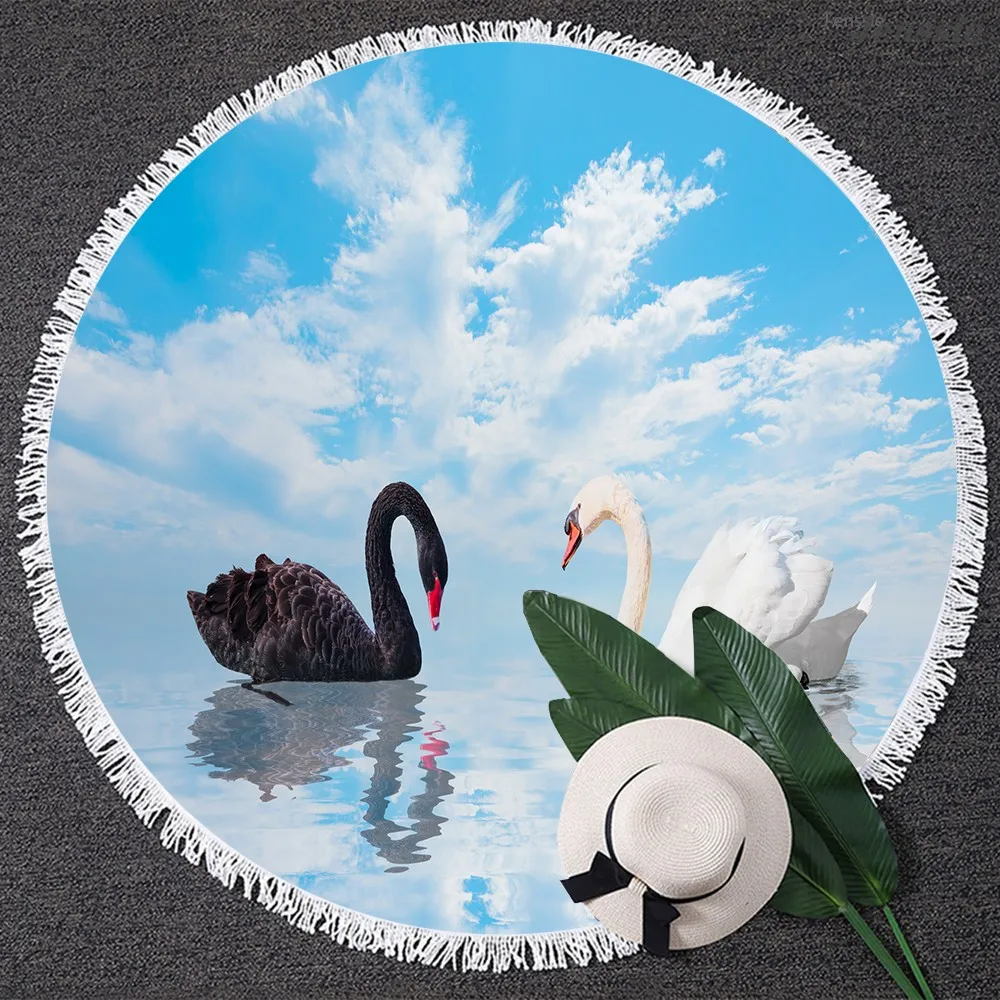 

Black And White Mandarin Duck Swan Round Summer Beach Towel Microfiber Quick-dry Towel Tapestry 3D Swan Lake Scenery Yoga Mat