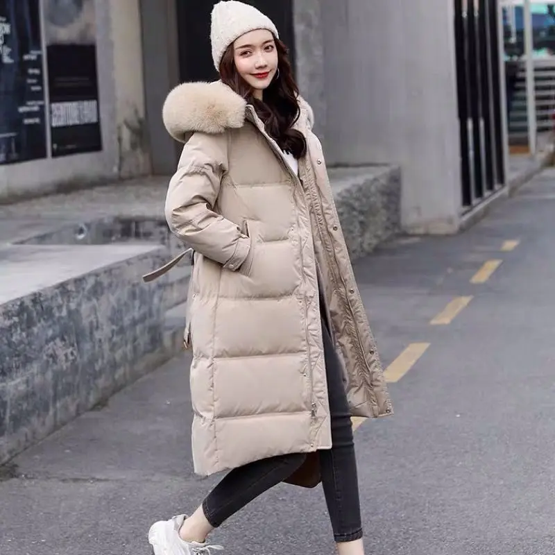

Women 2020 Winter Real Fur collar White Duck Down Coat Female Long Down Jacket Slim Hooded Parkas Ladies Overcoat With Belt P39