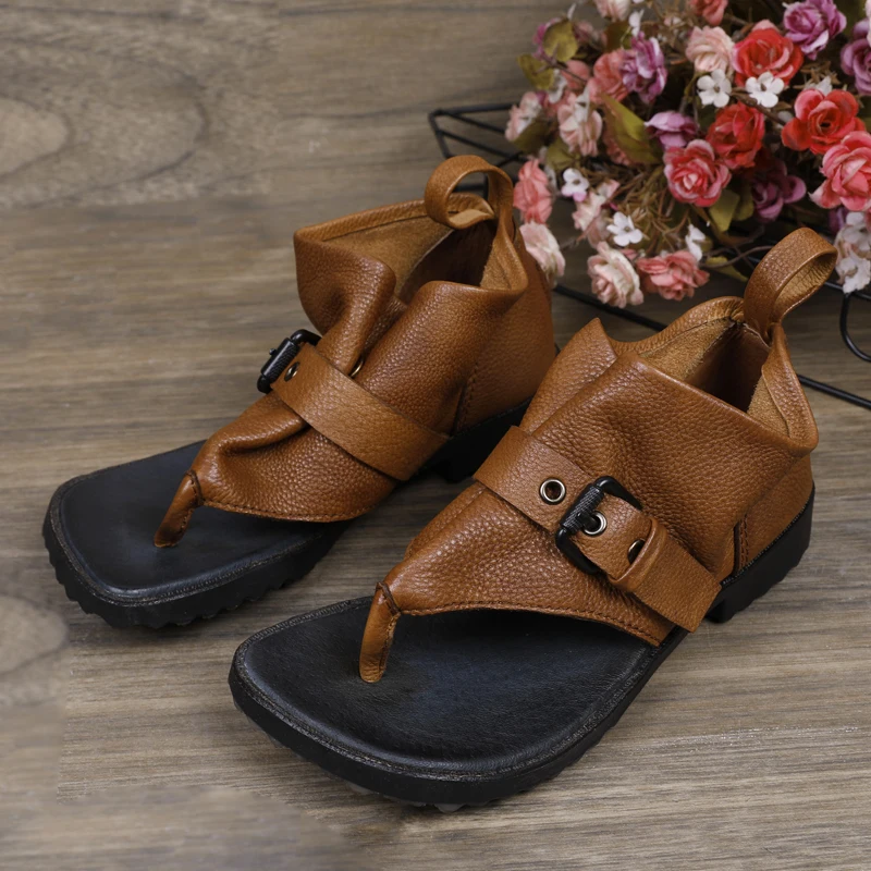 

VALLU Spring and summer 2020 new leather clip-toe sandals women's retro buckle soft bottom leather shoes