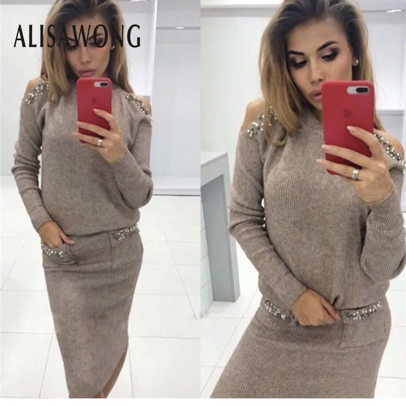 Новые модные женские вязаные юбки без бретелек с бусинами для ногтей 2019 осенне