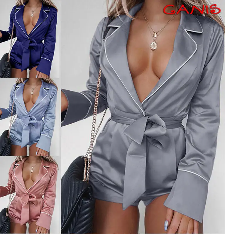 

Fashion Women Playsuit Sexy Pajamas Romper Satin Sleepwear Nightwear Party Beach Belted Jumpsuit Streetwear