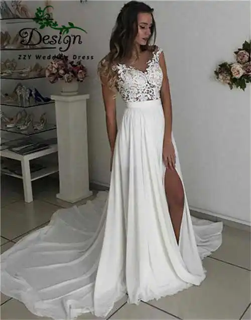 

vestidos de novia Exquisite Lace Chiffon Illusion Zipper Up Appliques Natural-Waisted Front Splited A-Line wedding dress 2023