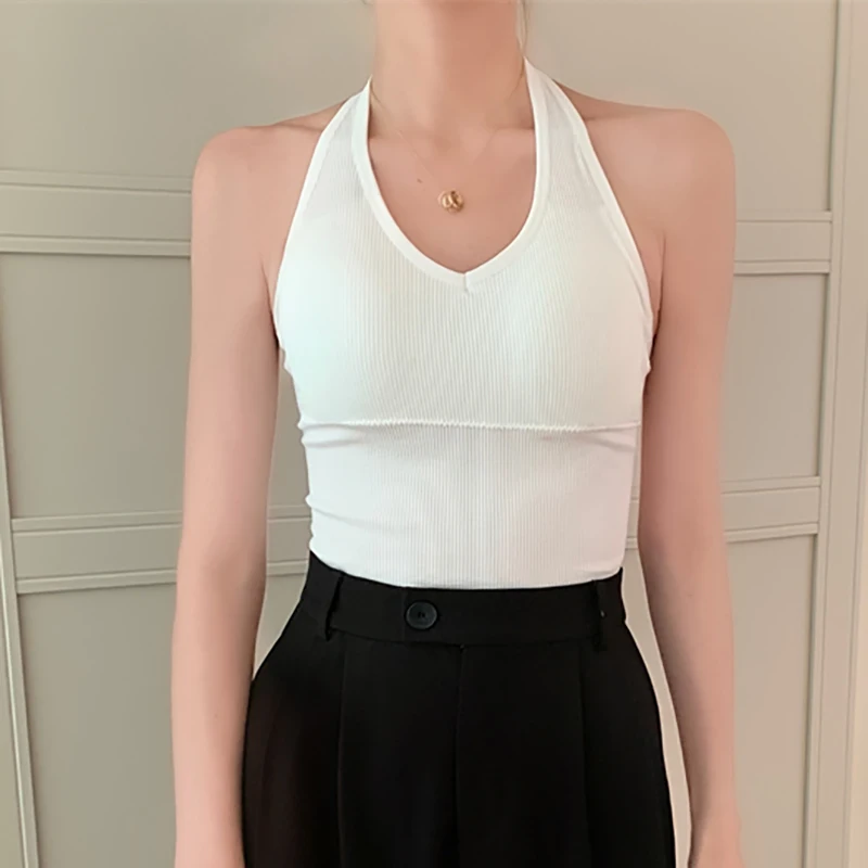 

Women's Camisole Sleeveless Slim Thin Ribbed Solid Basic Tank Tops Female V Neck Backless 2022 Summer Fashion Halter Tees Femme