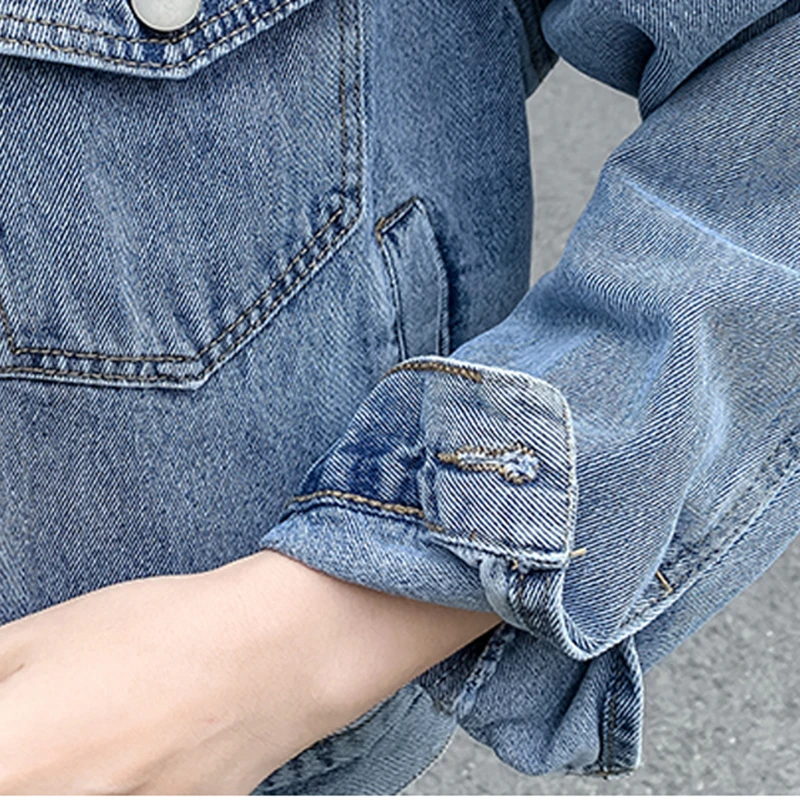 

New 2021 Spring Fall Korean Style Fawn Heavy Industries Beaded Print Denim Jacket Women's Loose Long Sleeve Single Breasted Coat