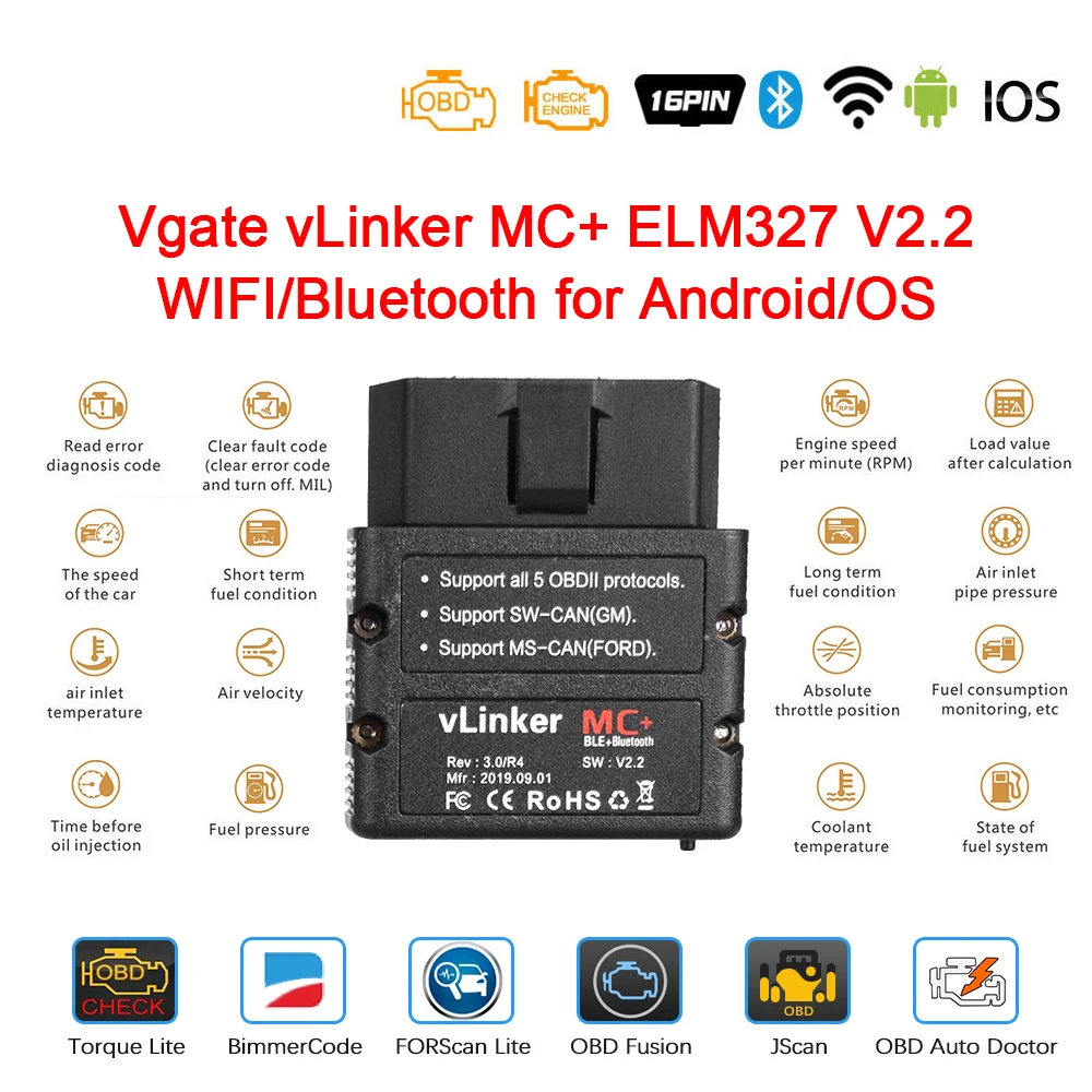 2020 Новинка Vgate vLinker MC + ELM327 V2.2 Bluetooth 4.0 WIFI Forscan для Android/IOS OBD OBD2 автомобильный