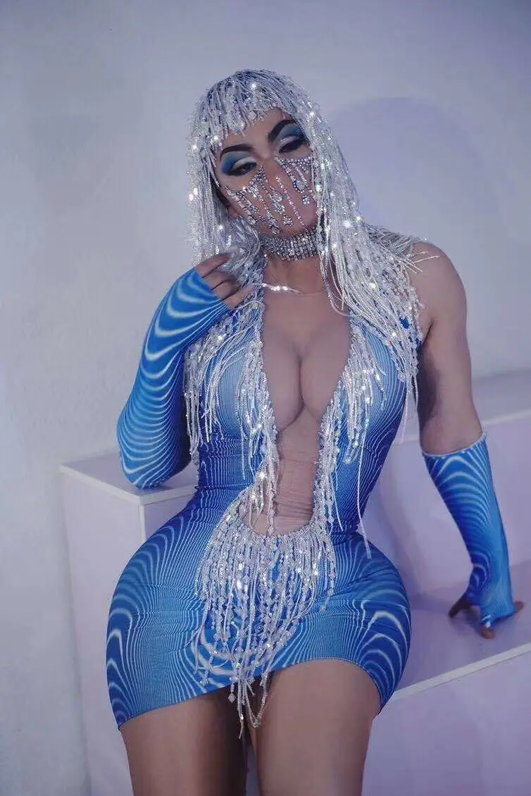 

2020 Новое модное голубое серебряное облегающее мини-платье с кисточками, головной убор, балерины, одежда для сцены, костюм для выступлений