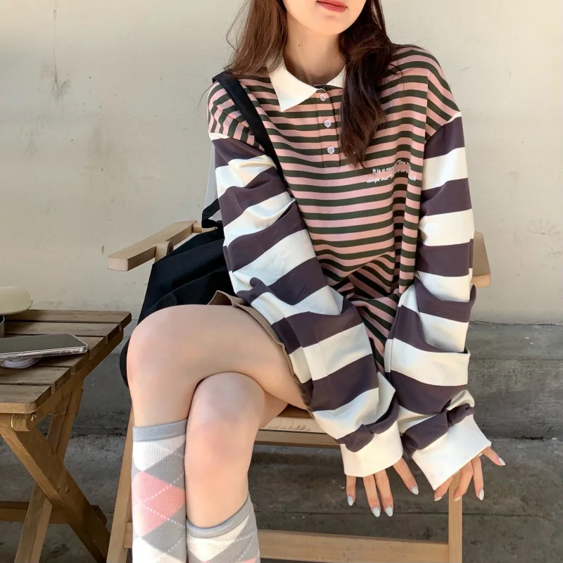 

Striped Polo Collar Long-Sleeved Sweater Kawaii Clothes Korean Style Sweet Pullover Emo Winter Women's Gothic Aesthetic y2k Tops