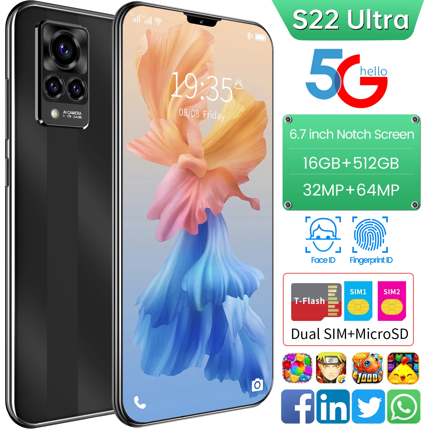 

S22 Ultra 6.7 Inch Global Version Smartphones Full Screen 16G+512GB Deca Core Unlocked 32MP+64MP Android11 Dual SIM Mobile Phone