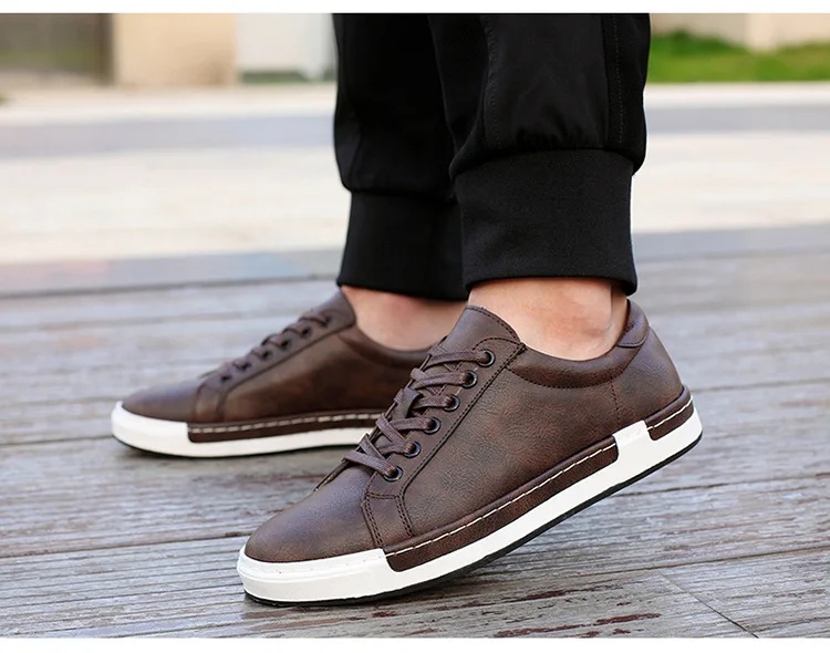 

New Men Sneakers Black Brown Lace Up Flats Male Casual Shoes Comfortable PU Leather Loafers Plus Size 38-48 Chaussure Homme