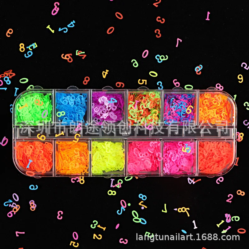 

2020 New Fluorescent Digital Sequins Mixed Nail Ornament Nail Sticker DIY Boxed