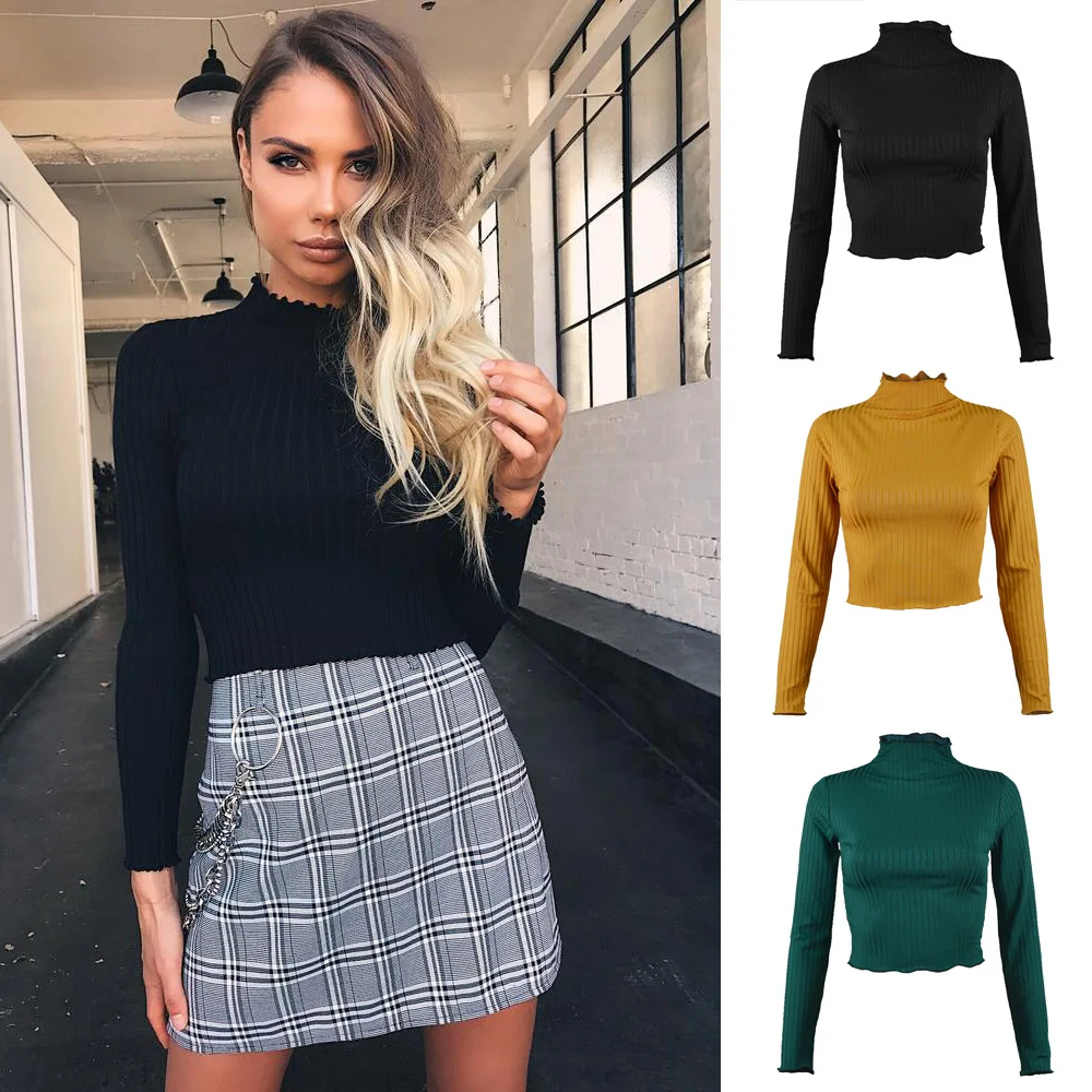 

NEW Turtleneck Sweaters Sexy Navel Bare Cropped Tops Women Autumn Winter Ribbed Jummers Lady Knitted Pullovers Short Solid Sweat