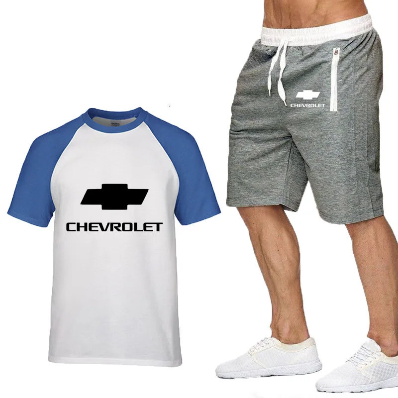 

Unisex Fashion Summer Men Short Sleeve Chevrolet Car Logo printing Casual Cotton Men's Raglan T-shirt+shorts suit 2pcs