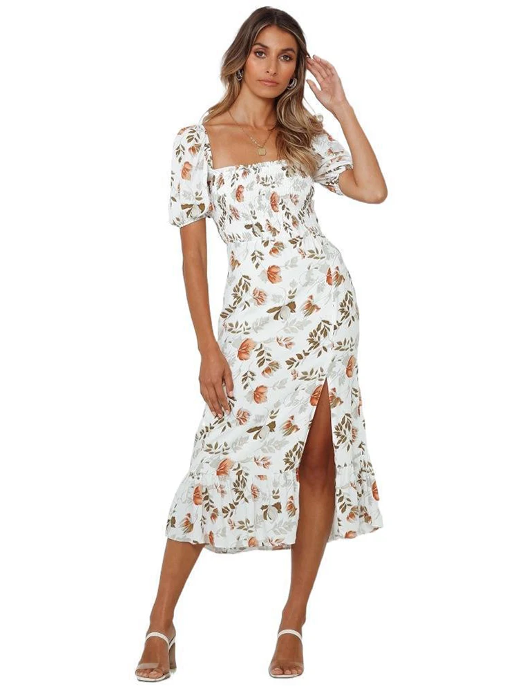 

Women's 2021 Summer Skirt Printing One-word-collar Breast-wrap Split-fork Dress