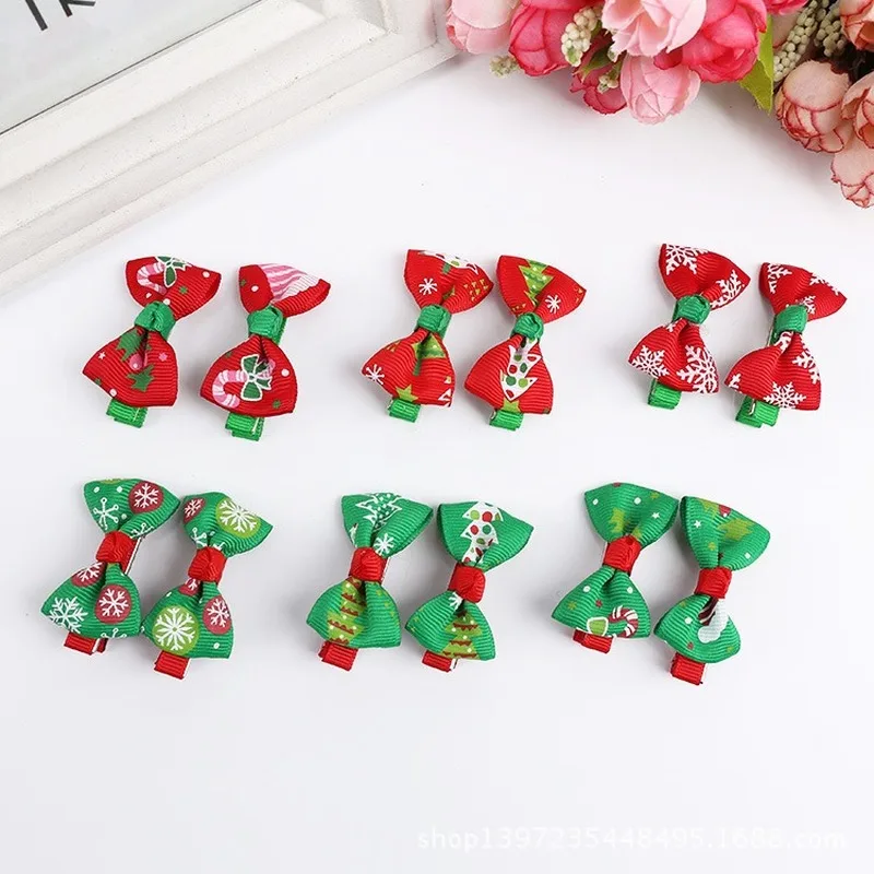 2 unids/set de lazos de fiesta para ni&ntilde;a, pinzas para el pelo con estampado navide&ntilde;o, accesorios coreanos para el cabello, horquillas, pasador, pinzas para el pelo con flores bonitas-4