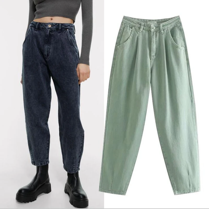Джинсы женские плиссированные с высокой талией, уличная одежда, джинсы-бойфренды с напуском и карманами, повседневные брюки из денима