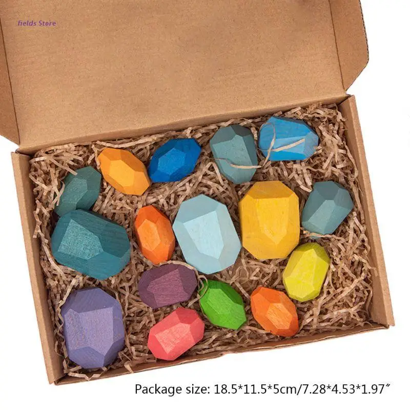 

16 Pcs Children Wooden Colored Stone Stacking Game Building Block Education Toy
