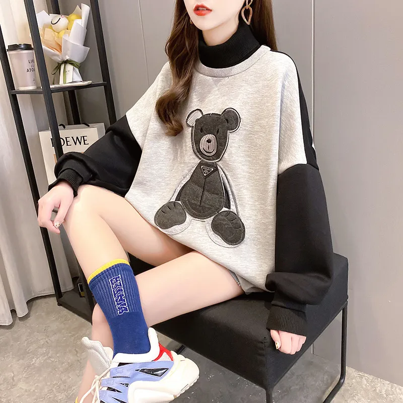

Fashion Cartoon Anime Bear Sweashirt Women High Collar Autumn Winter Plush Thicken Loose Hoodies Korean Student Jacket Female