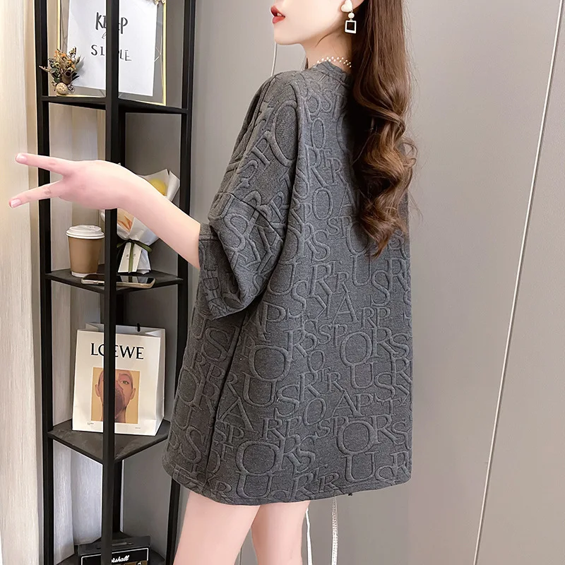 

Thickened T-shirt Women's Early Spring 2021 New Mid Long Bear Crew Neck Short Sleeve Loose Print Letters Graphic Tee