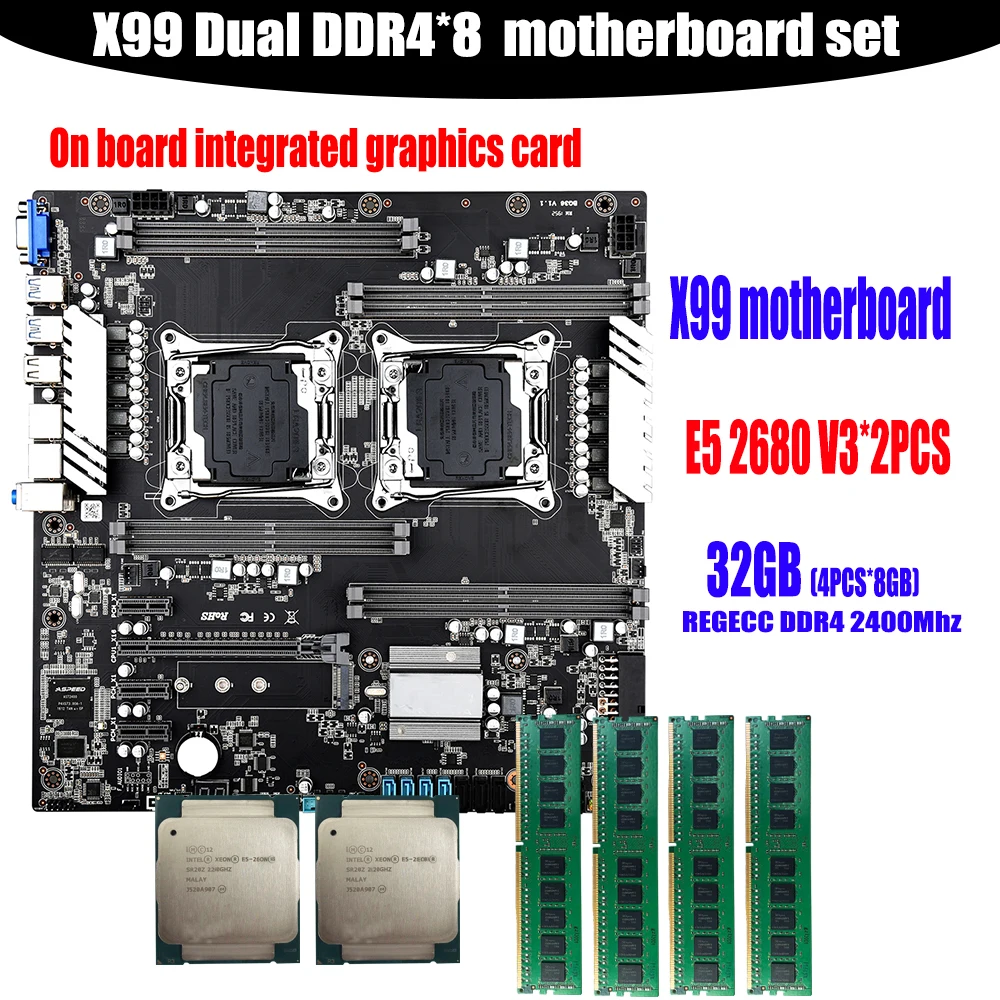 Комплект материнской платы X99 с 2 процессорами Xeon E5 2680 V3 CPU 4 шт. × 8 ГБ = 32 Гб 2400 МГц DDR4