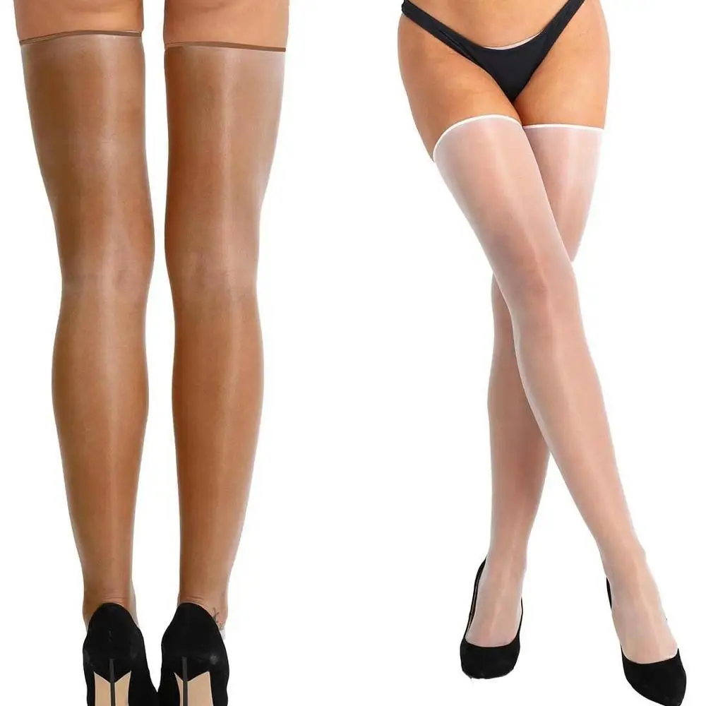 

Sexy Women Sheer Oil Shine Thigh High Silk Long Stockings 10D Stay Up Glossy Wet Look Hosiery Thigh-Highs