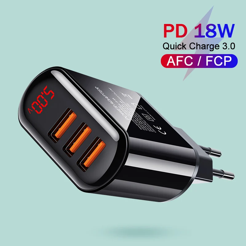 YKZ Quick 3,0 3 USB зарядное устройство светодиодный дисплей 3.4A быстрое зарядное устройство настенное зарядное устройство для iPhone samsung Xiaomi 18 Вт ЕС смартфон зарядное устройство s