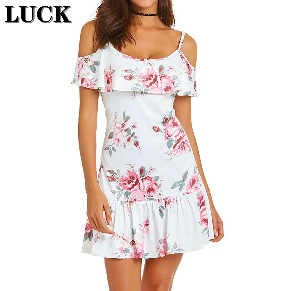 LUCK женское сексуальное платье с открытыми плечами цветочным принтом мини на